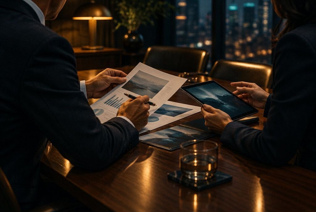 Two professionals in suits reviewing printed charts and a tablet across a wooden table in the evening.