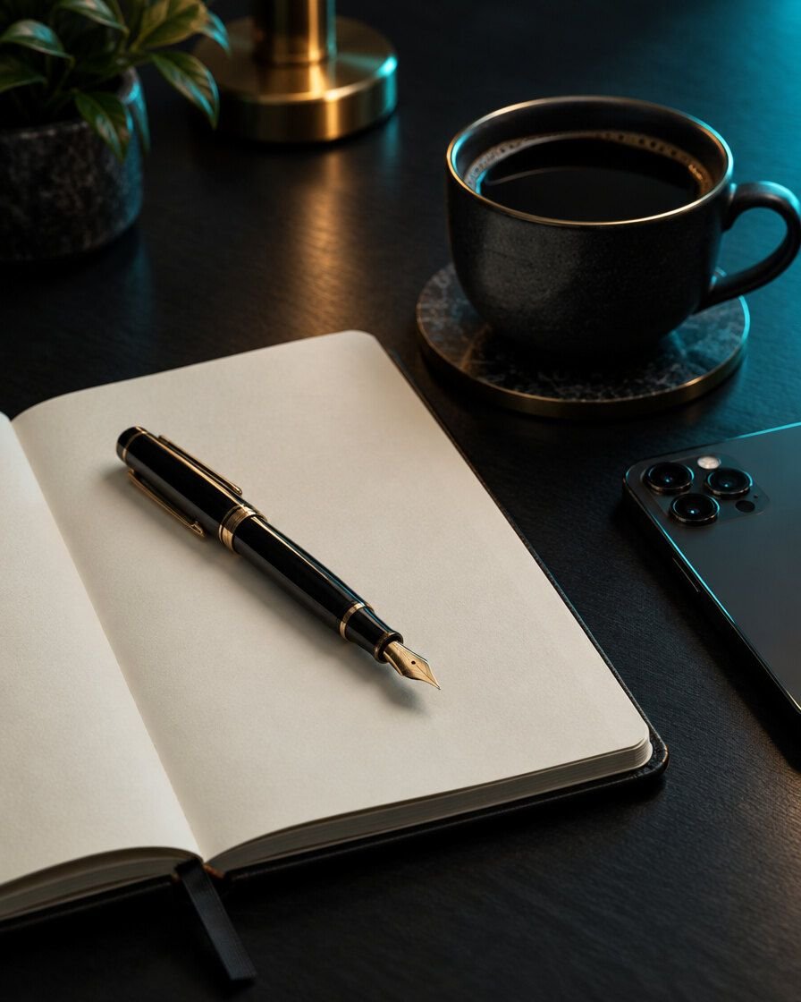 A fountain pen on an open blank notebook beside a cup of black coffee and a phone on a dark desk.