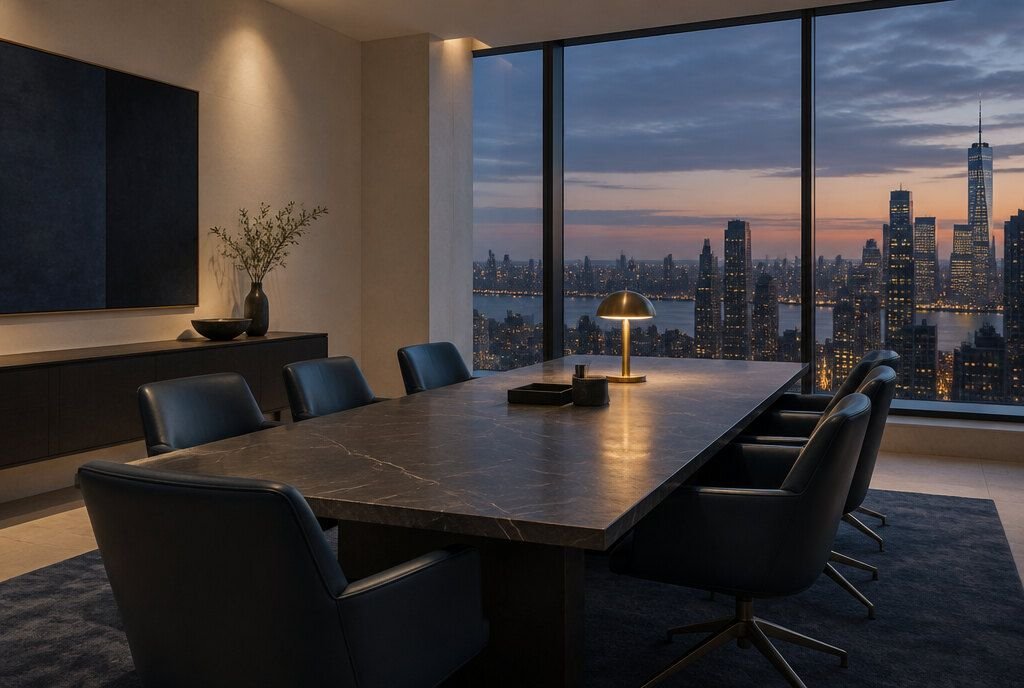 An empty boardroom at dusk with leather chairs, a stone table, and a city skyline through the windows.
